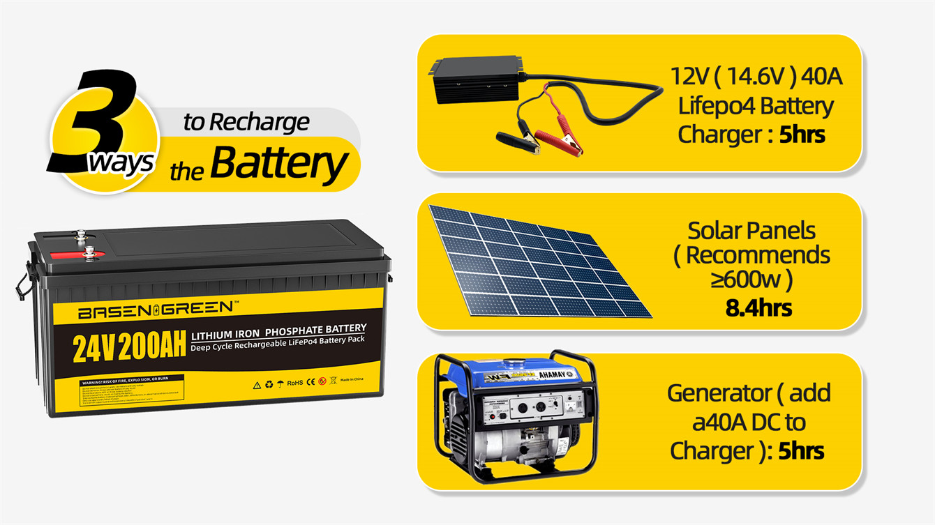 Basengreen 24V 200ah Battery LiFePO4 Pack With BT Deep 5000 Cycles Rechargeable 5120W Stroge Energy System